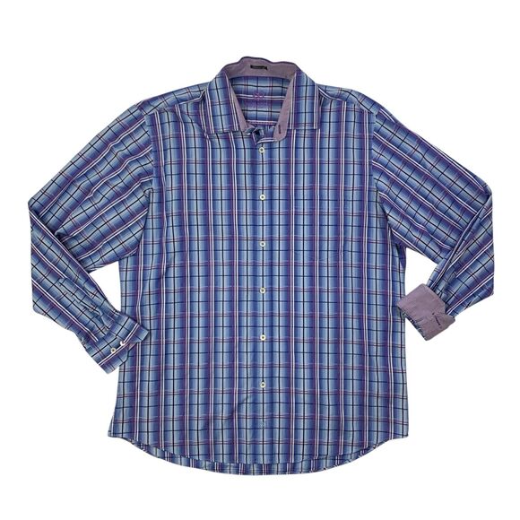 Bugatchi Uomo Shirt Mens XL Extra Large Multi Plaid Classic Fit Cotton Flip Cuff - Picture 1 of 11